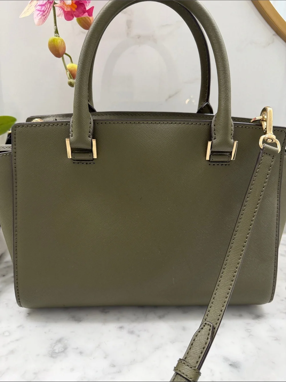 Michael Kors Olive Green Saffiano Leather Satchel with Gold Hardware